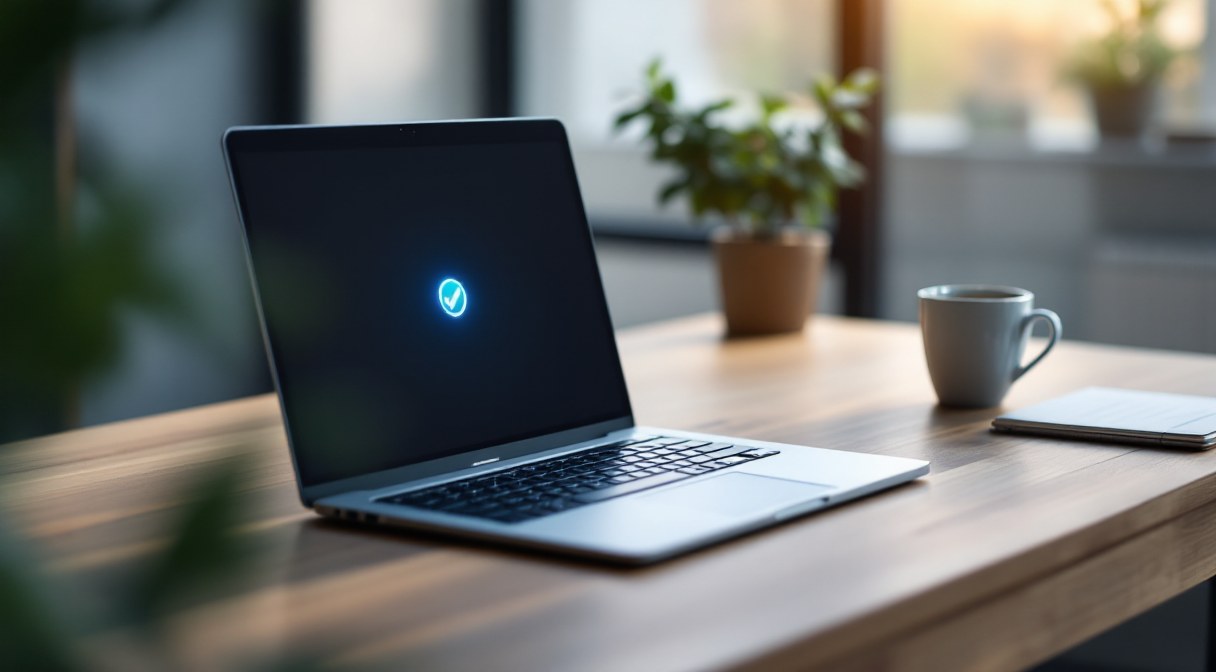 Aufgeräumter Schreibtisch mit Laptop und Terminal-Fenster