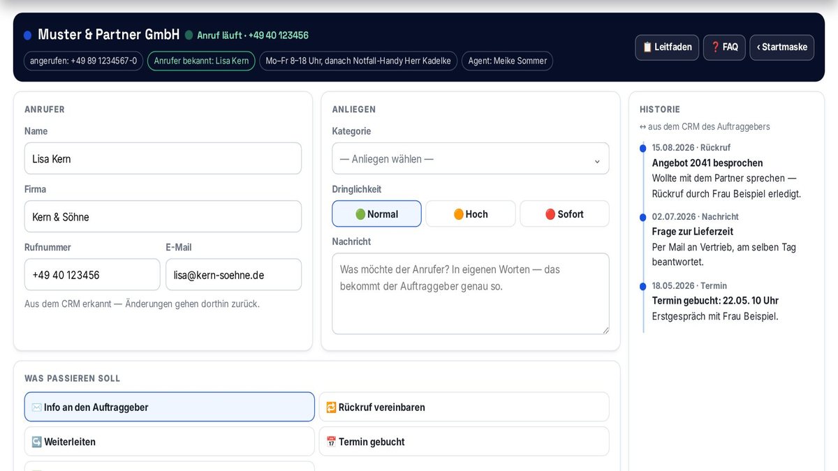 Screenshot: Inbound-Maske für Telefonservice: Anruf annehmen, Anliegen erfassen, nichts geht verloren