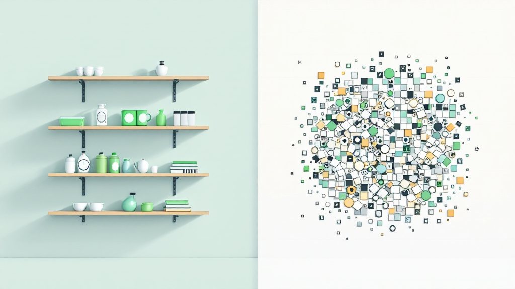 Geführt statt flach: kuratierte Auswahl links, chaotische Kachel-Wand rechts.