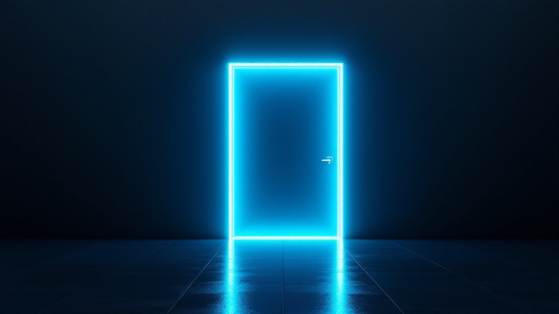 Eine einzelne leuchtende Glastür in einer dunklen Wand — der eine Eingang für alles.