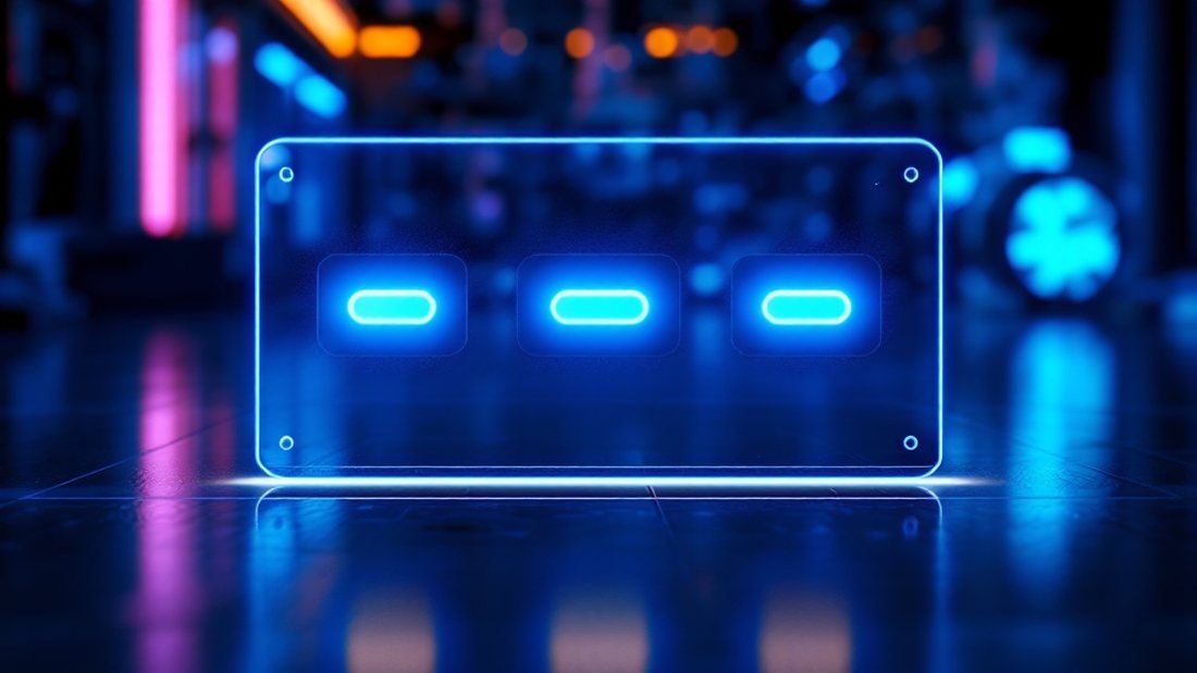 Ein Glas-Panel mit drei einfachen Reglern vor verschwommener Maschinerie — nur die Bedienung, nicht der Motor.