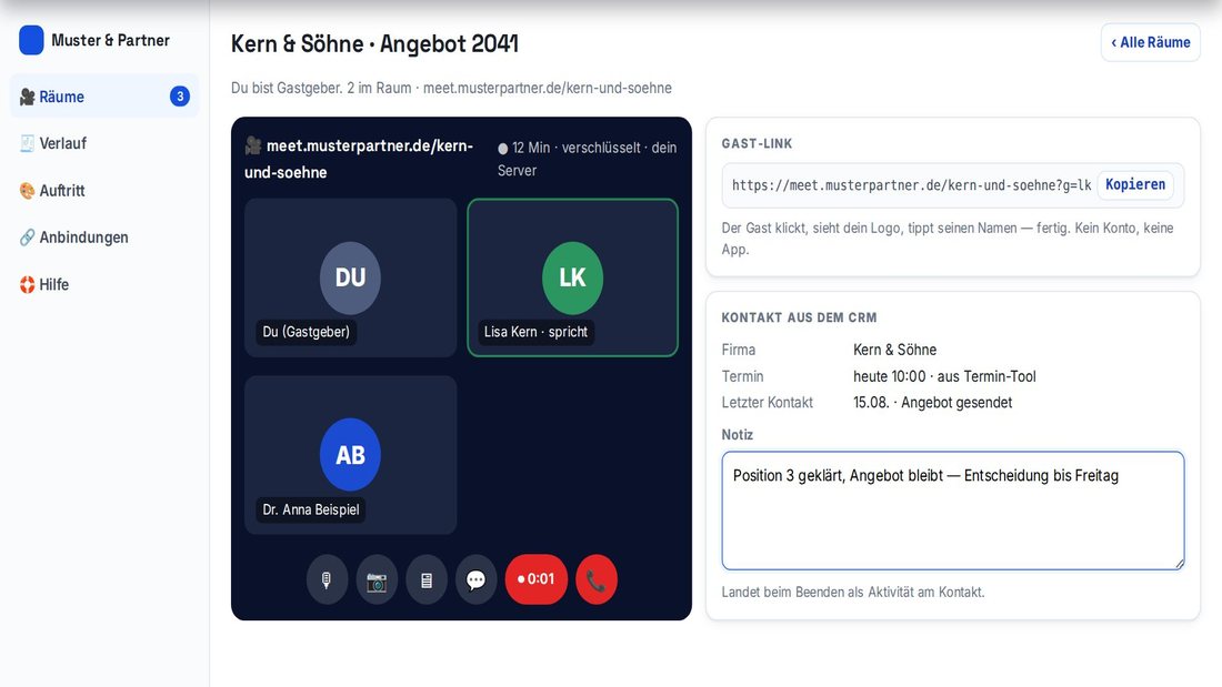Ein Bildschirm mit einem einfachen Video-Fenster, darüber ein eigenes Firmenschild statt eines fremden Logos.