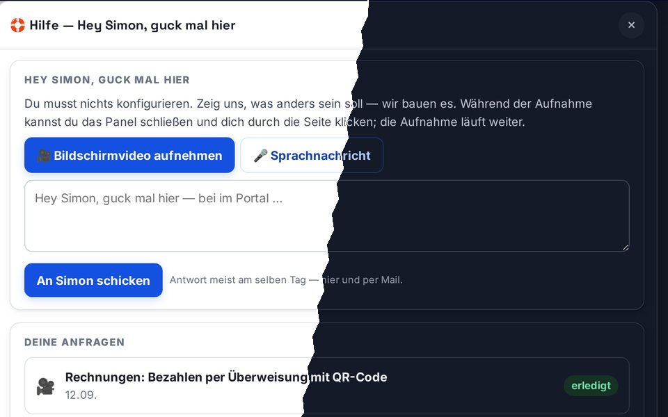 Hilfe-Panel im Kundenportal: Bildschirmvideo aufnehmen, Sprachnachricht, Text — und die Liste der Anfragen mit Stand