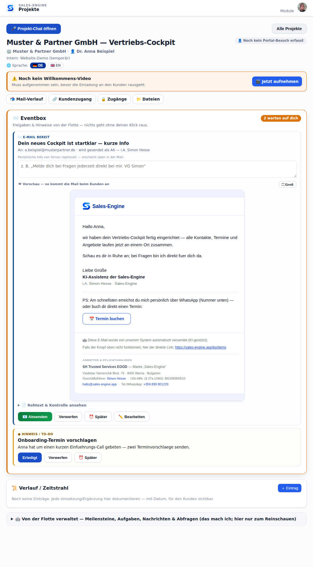 Dein eigenes System: ein Kundenprojekt mit der Eventbox, fertige Mails mit einem Klick freigeben