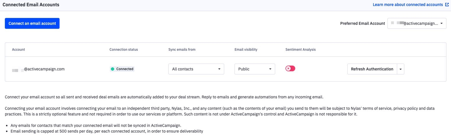 ActiveCampaign: Connected-Emails-Seite mit Connect-an-email-account-Button, Sync- und Sichtbarkeits-Einstellungen