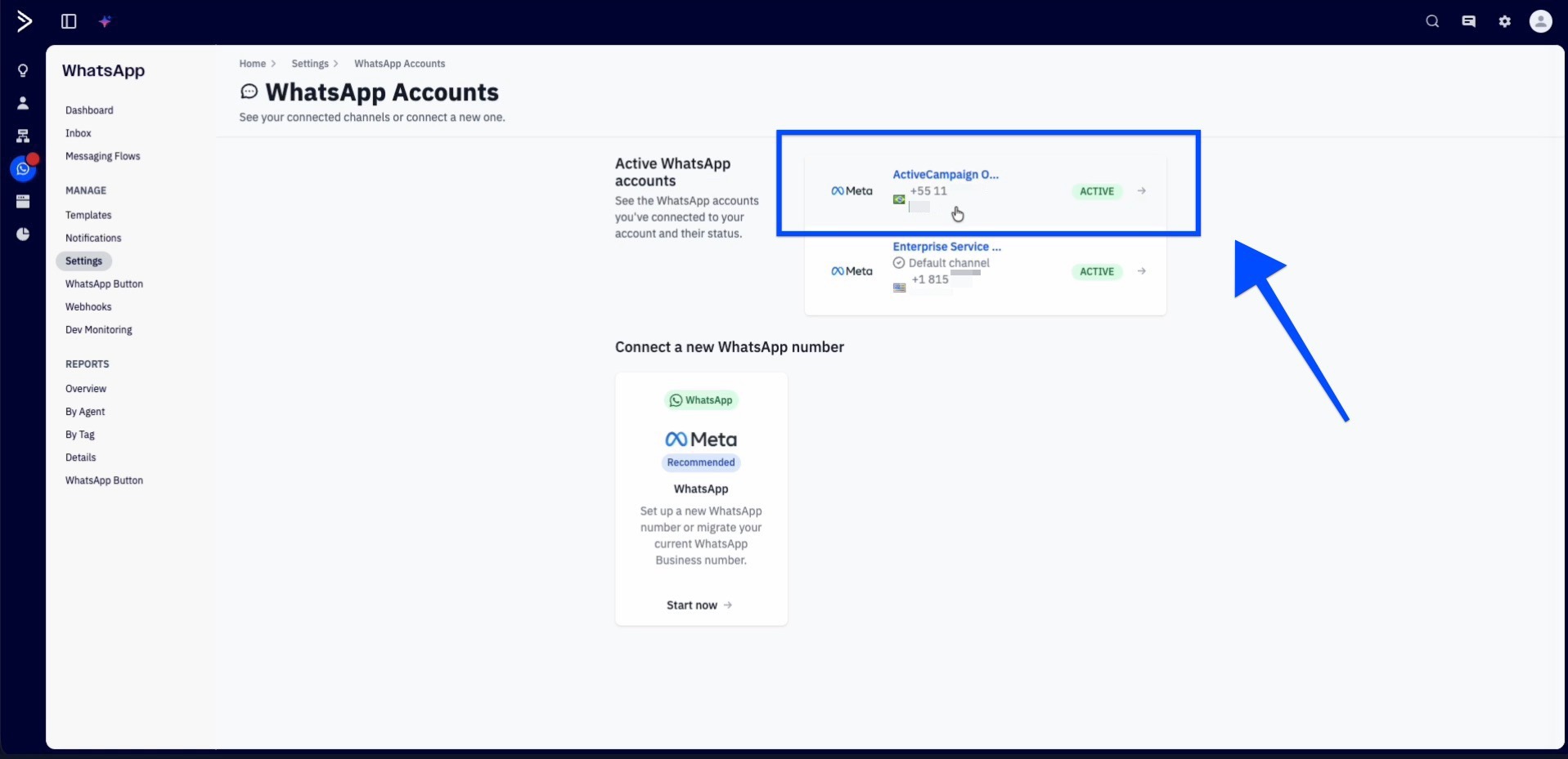 ActiveCampaign: Seite WhatsApp Accounts mit der verbundenen Nummer im Status Active