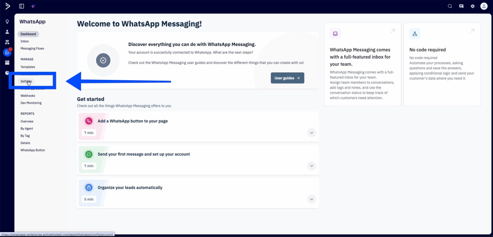 ActiveCampaign: WhatsApp-Bereich mit hervorgehobenem Menüpunkt Settings in der linken Navigation