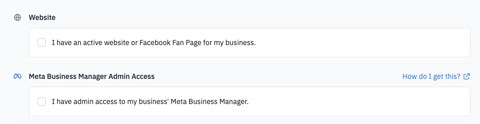 ActiveCampaign: Checkboxen für aktive Website bzw. Facebook-Fanpage und Meta Business Manager Admin Access