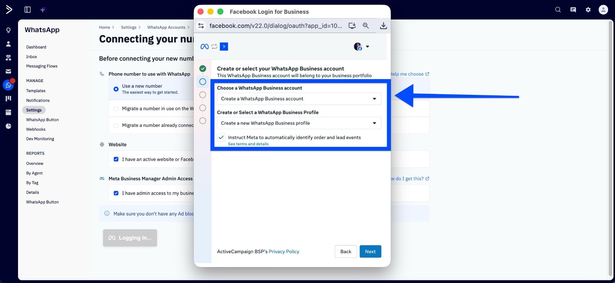 Meta-Fenster in ActiveCampaign: Dropdowns zum Erstellen oder Auswählen von WhatsApp Business Account und Business Profile