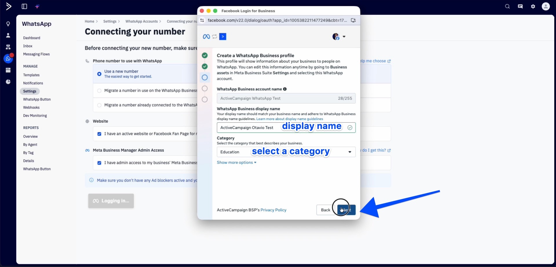 Meta-Fenster: WhatsApp Business Profil mit Feldern für Display Name und Kategorie-Dropdown