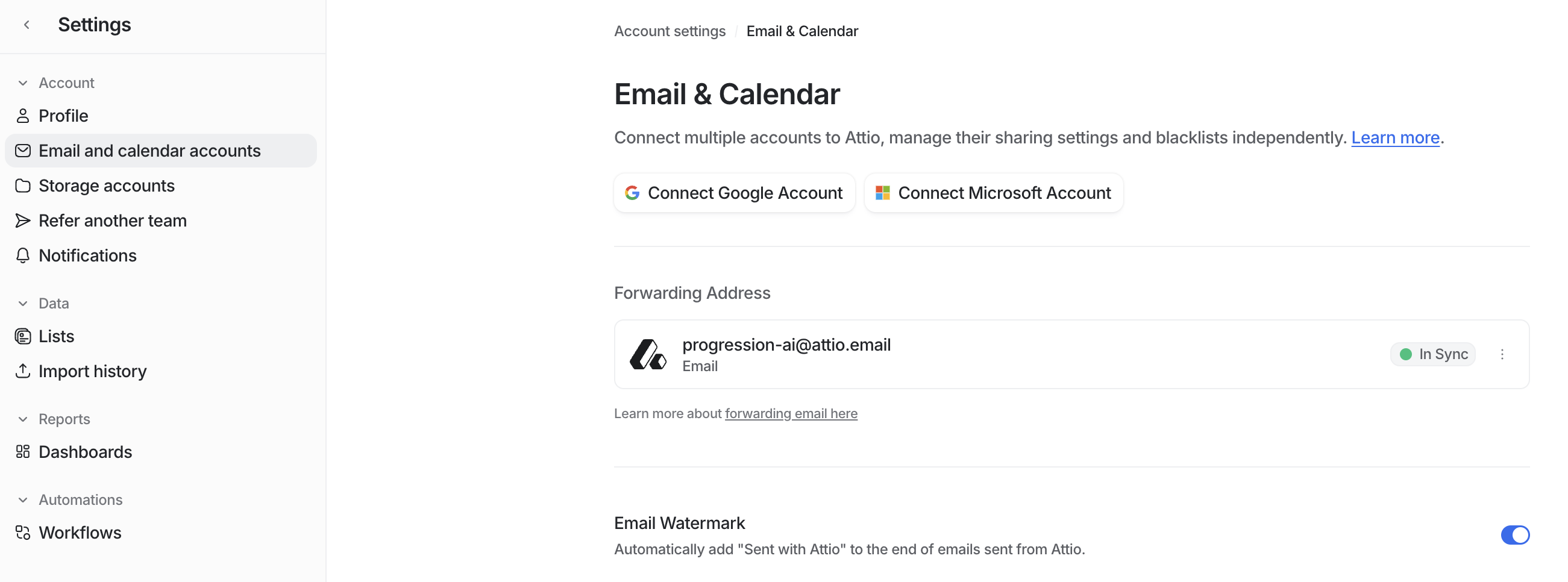 Attio: Email & Calendar-Einstellungen mit den Buttons Connect Google Account und Connect Microsoft Account sowie der Forwarding Address