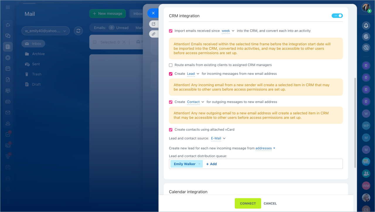 Bitrix24 „CRM integration"-Einstellungen: Import-Zeitraum, Option „Route emails from existing clients", „Create Lead" für eingehende und „Create Contact" für ausgehende Nachrichten