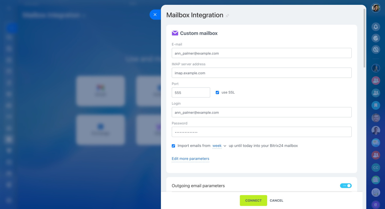 Bitrix24 „Custom mailbox"-Formular: Felder für E-Mail, IMAP-Server-Adresse, Port mit SSL, Login und Passwort