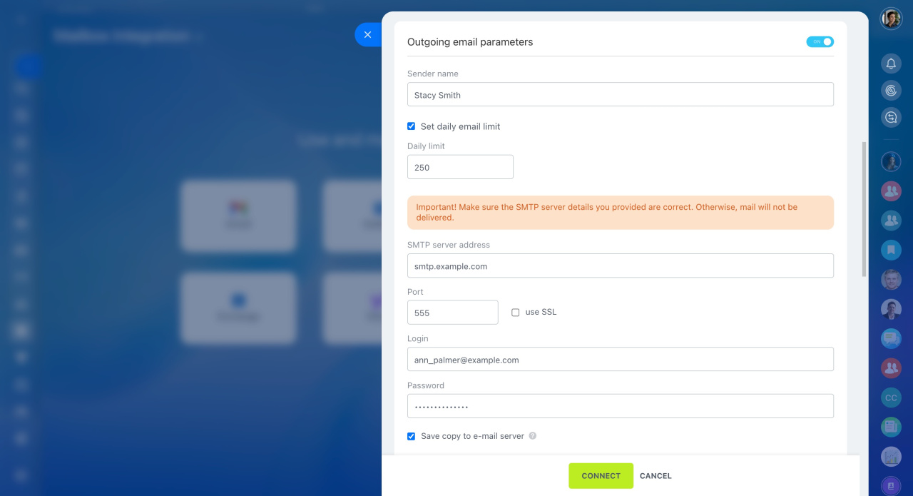 Bitrix24 „Outgoing email parameters": SMTP-Server-Adresse, Port, Login und Passwort, unten der grüne Connect-Button