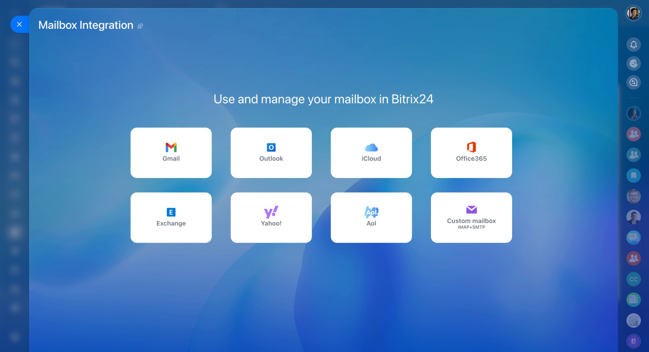 Bitrix24 „Mailbox Integration": Provider-Kacheln Gmail, Outlook, iCloud, Office365, Exchange, Yahoo!, AOL und Custom mailbox (IMAP+SMTP)