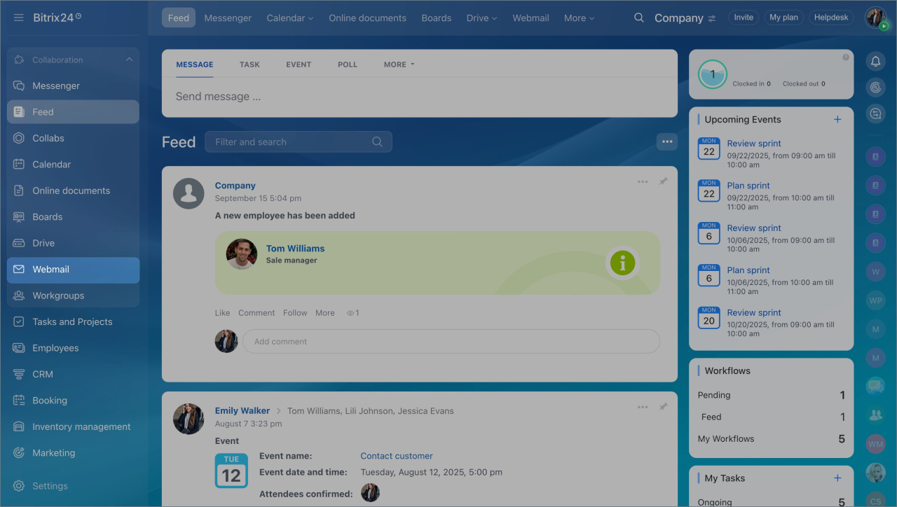 Bitrix24-Oberfläche mit hervorgehobenem Menüpunkt „Webmail" in der linken Navigation