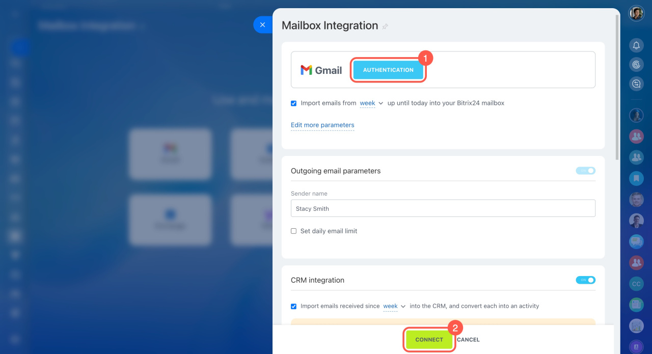 Bitrix24 Mailbox Integration für Gmail: Button „Authentication" (1) oben, darunter Sync-Zeitraum und CRM-Integration, unten der Button „Connect" (2)