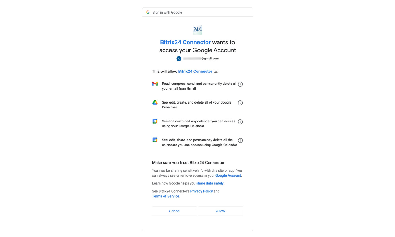 Google-Anmeldefenster: „Bitrix24 Connector wants to access your Google Account" mit Berechtigungsliste und Allow-Button