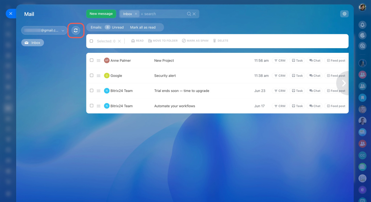 Bitrix24 Webmail-Posteingang mit hervorgehobenem Sync-Button neben der E-Mail-Adresse