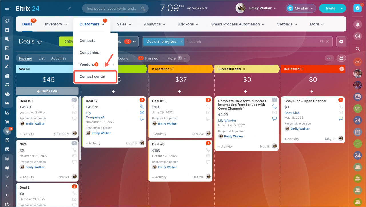 Bitrix24: Contact Center mit den Kanal-Kacheln, darunter WhatsApp