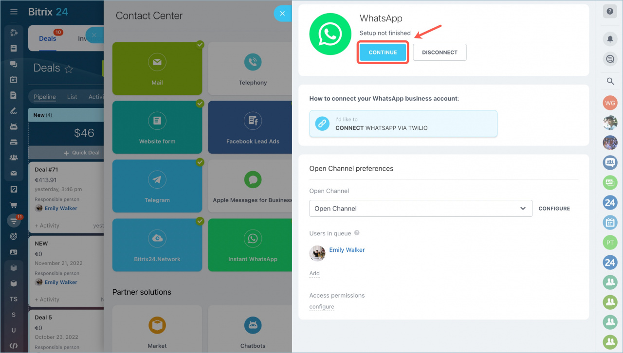 Bitrix24: WhatsApp-Verbindungsdialog mit den Feldern Account SID, Auth Token und Telefonnummer