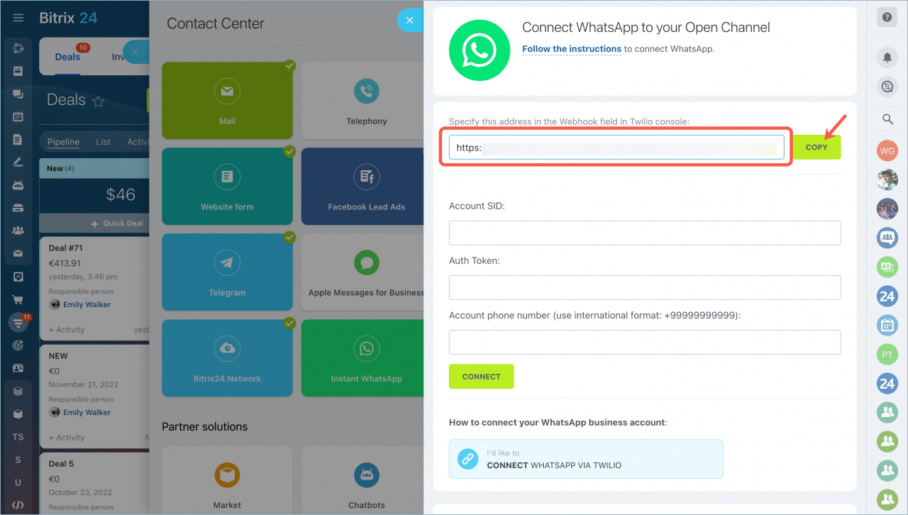 Bitrix24: Webhook-Adresse für eingehende WhatsApp-Nachrichten kopieren