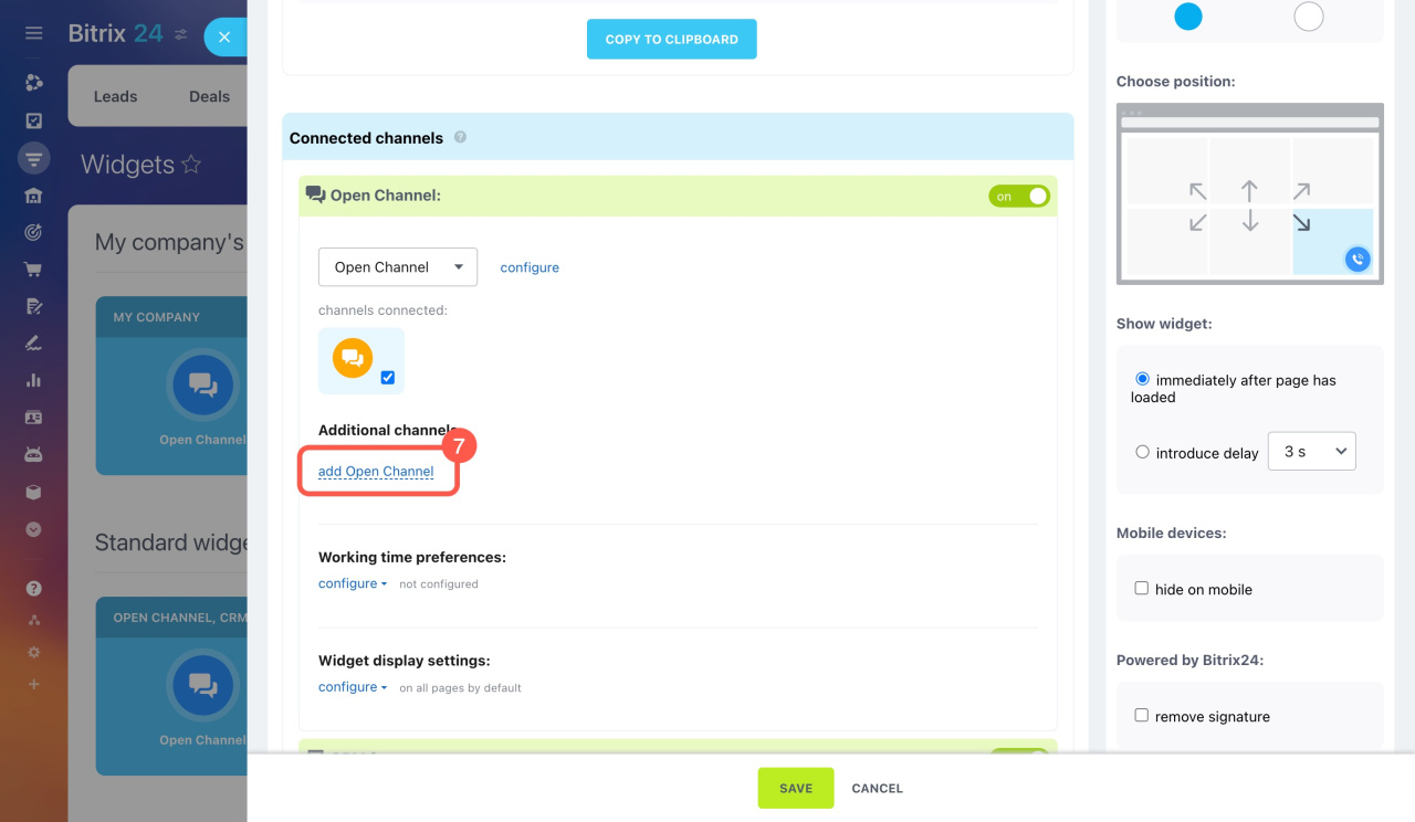 Bitrix24: im Website-Widget einen Open Channel hinzufügen und den Instant-WhatsApp-Kanal auswählen