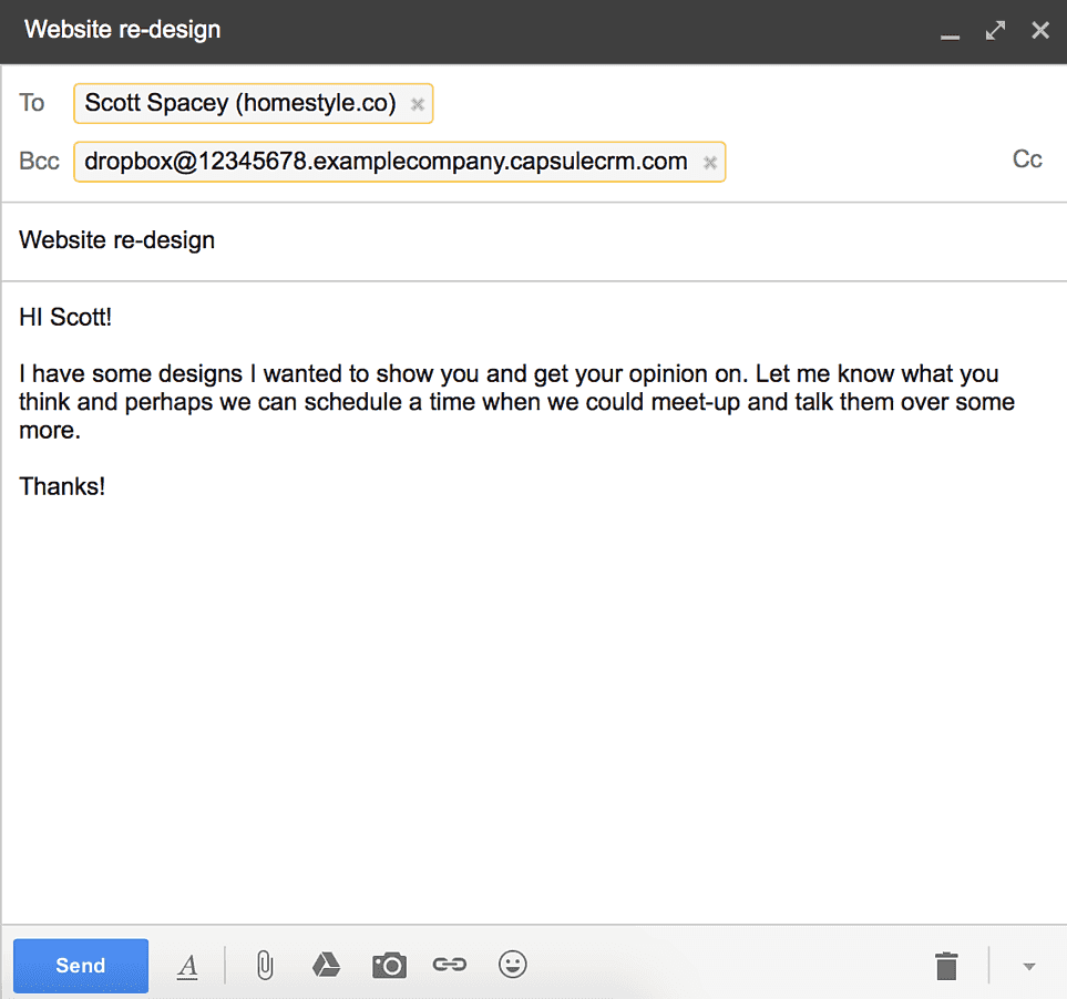 E-Mail-Entwurf mit der Capsule-Drop-Box-Adresse im BCC-Feld