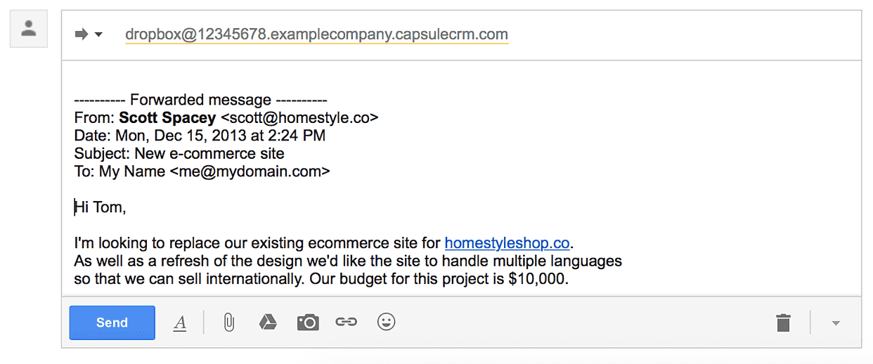 Eine an die Capsule-Drop-Box weitergeleitete E-Mail