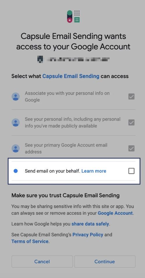 Google-Berechtigungsfenster für Capsule Email Sending mit der Checkbox Send email on your behalf