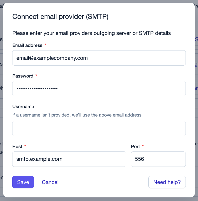 Capsule: Eingabemaske für eine SMTP-Mailbox-Verbindung mit Feldern für E-Mail-Adresse, Benutzername, Passwort, Host und Port
