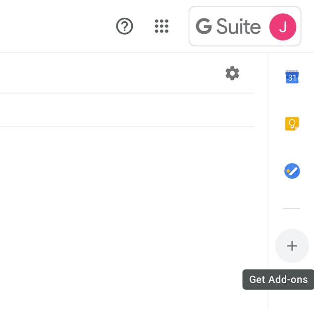 Gmail-Seitenleiste mit hervorgehobenem Plus-Symbol Get Add-ons