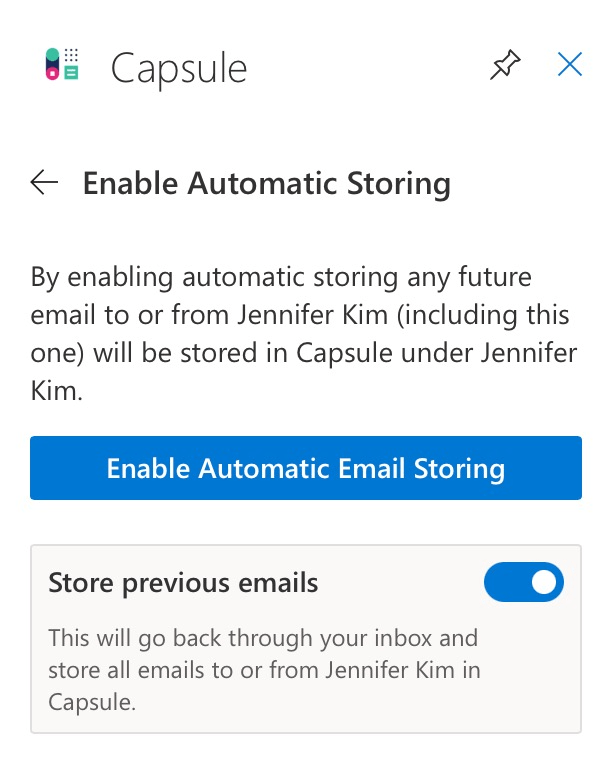 Capsule-Add-in für Outlook: Option zum Aktivieren des automatischen Speicherns inklusive Schalter Store previous emails