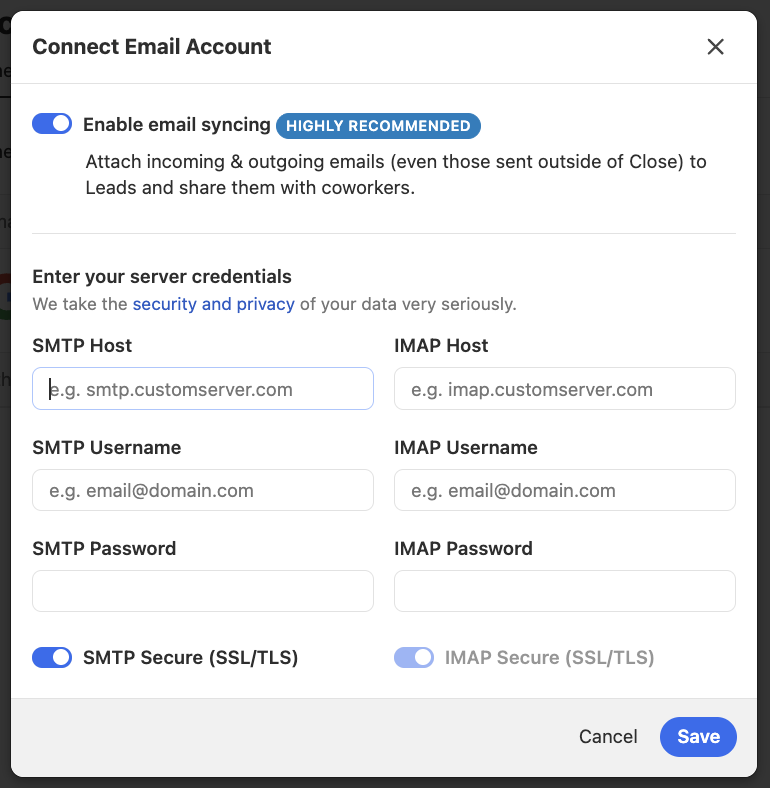 Close: Custom Email — IMAP/SMTP-Eingabe