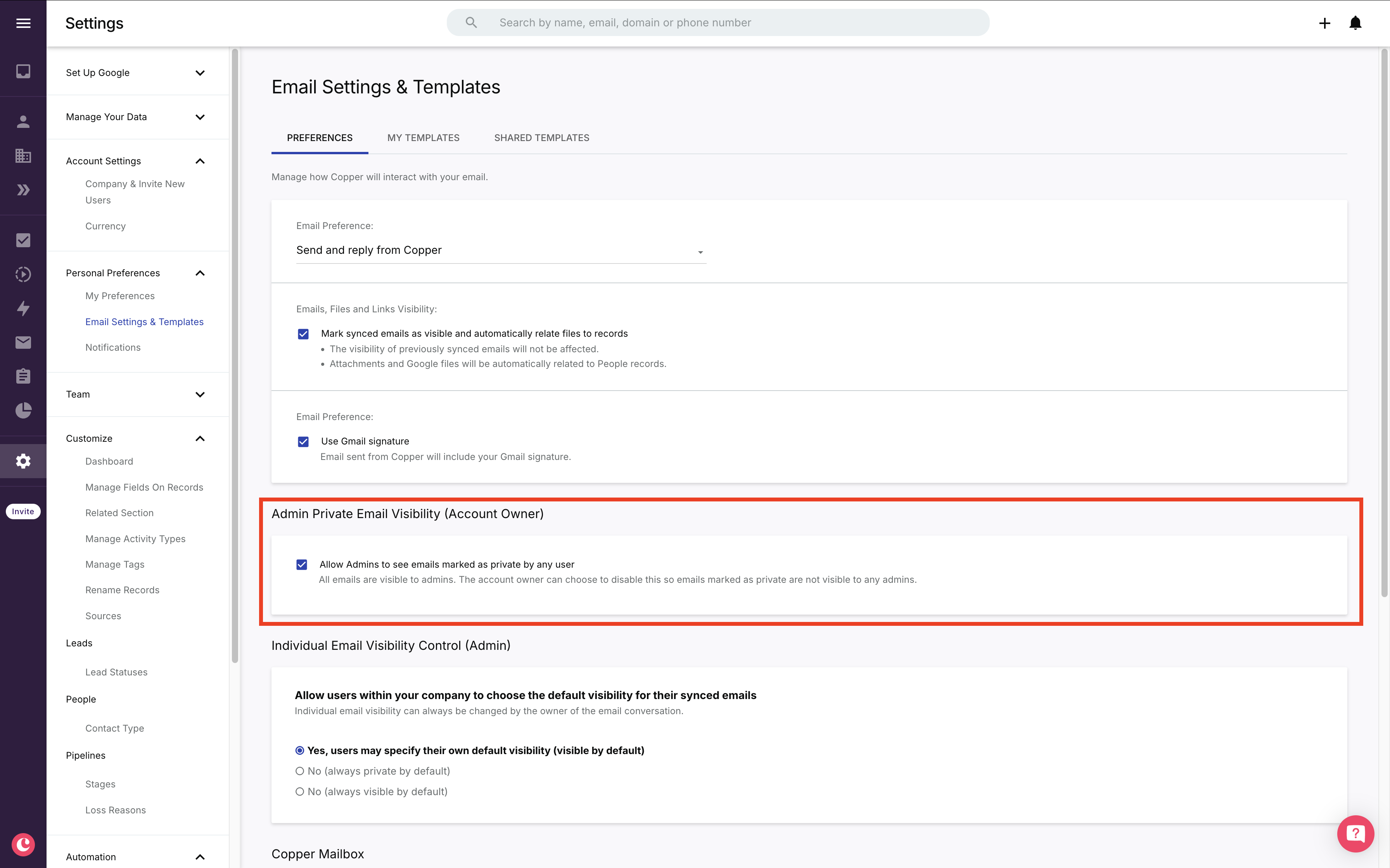 Copper: Abschnitt Admin Private Email Visibility (Account Owner) in den E-Mail-Einstellungen mit der Checkbox Allow Admins to see emails marked as private