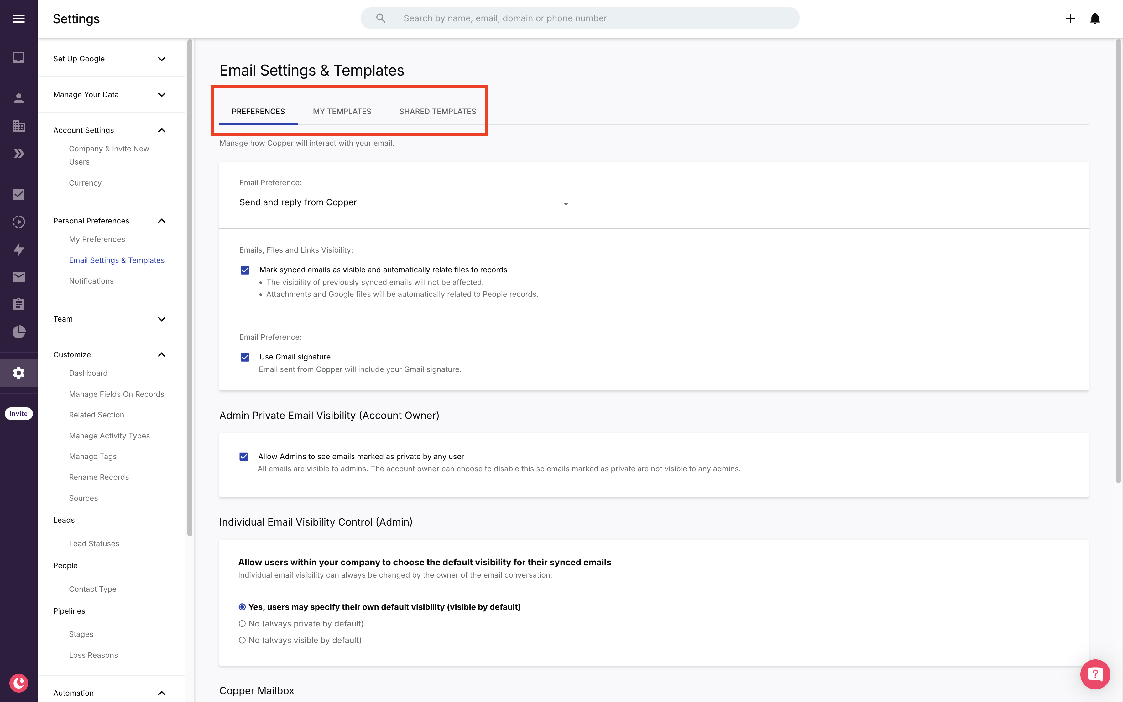 Copper: Seite Email Settings & Templates mit den Tabs Preferences, My Templates und Shared Templates