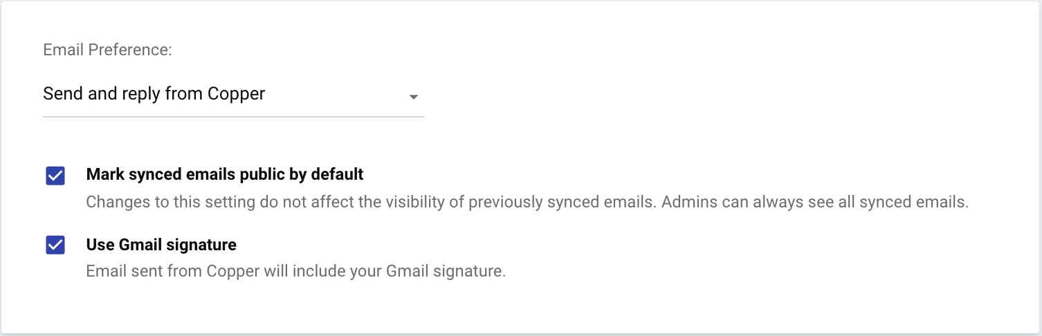 Copper: Dropdown Email Preference mit Send and reply from Copper sowie den Checkboxen Mark synced emails public by default und Use Gmail signature