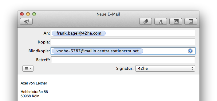 Neue E-Mail im Mailprogramm: die persönliche Ablageadresse steht im Blindkopie-Feld (BCC)