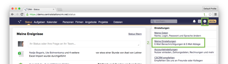 CentralStationCRM: Zahnrad oben rechts anklicken und im Menü „Meine Einstellungen