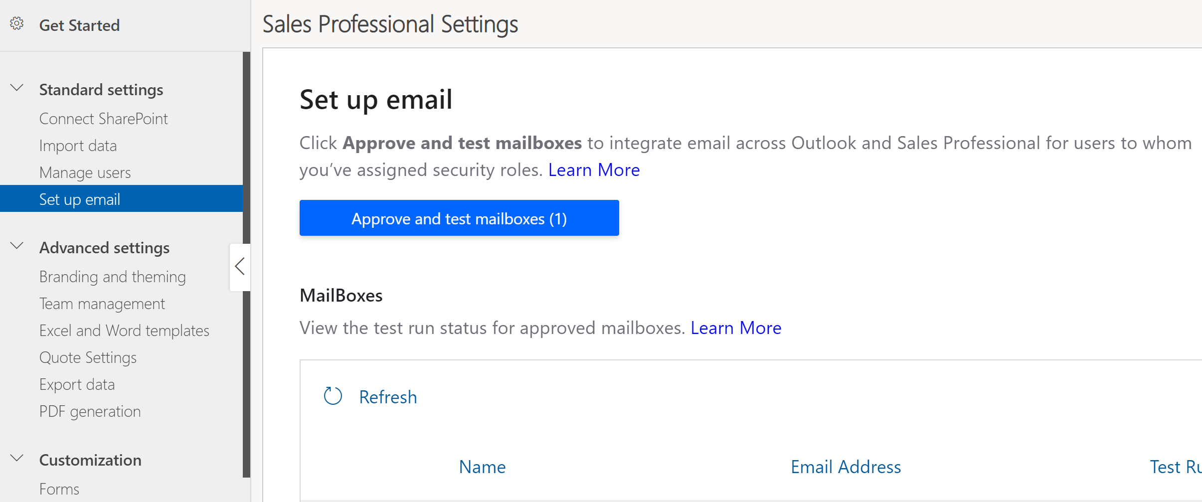 Sales Professional Settings: Seite „Set up email