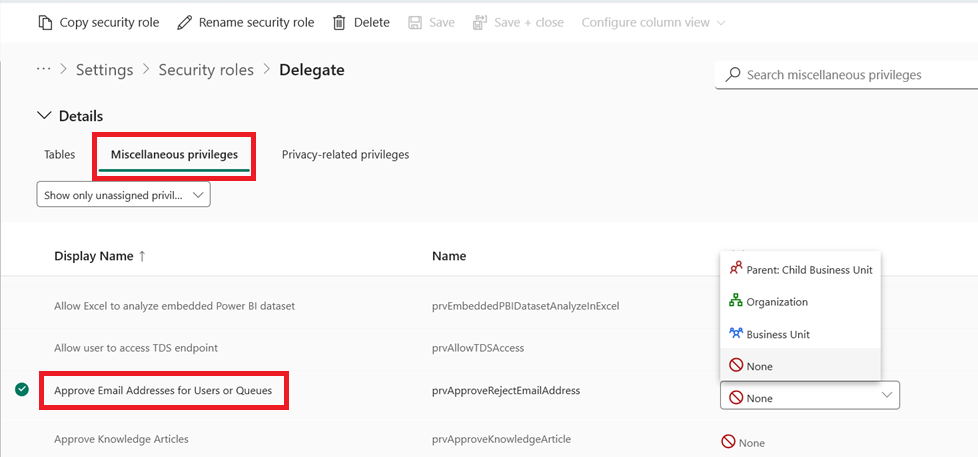 Dynamics-365-Sicherheitsrolle: Privileg „Approve Email Addresses for Users or Queues