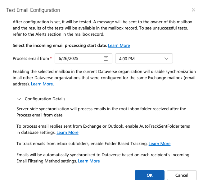Dynamics 365: Dialog „Test Email Configuration
