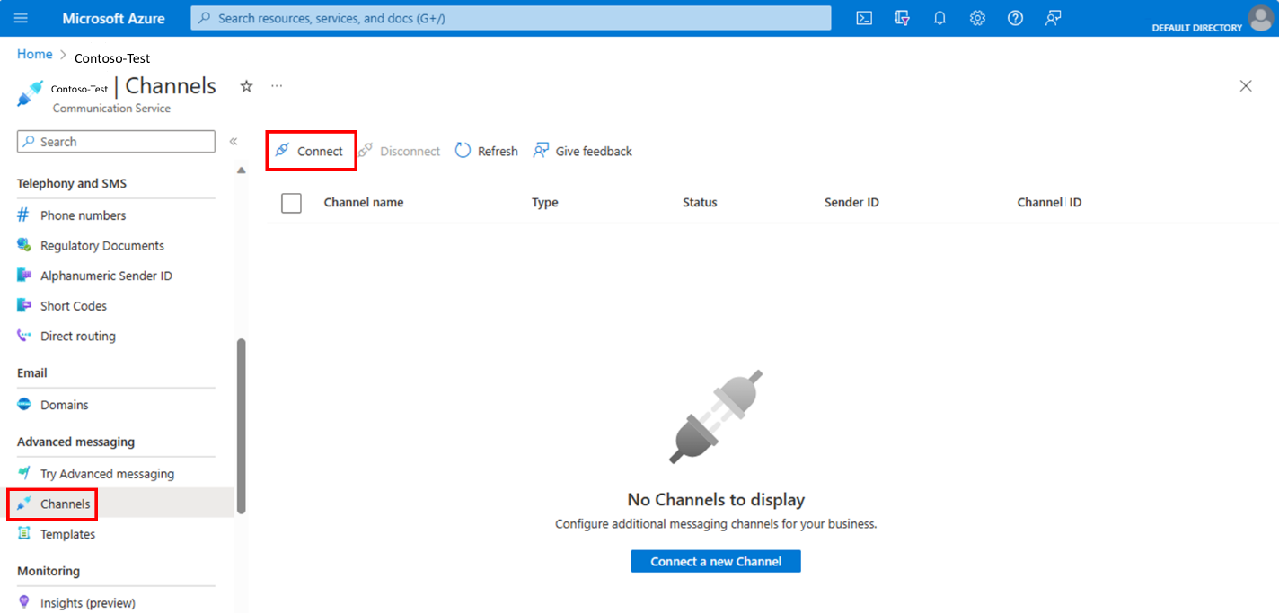 Azure-Portal: Communication-Services-Ressource, Menüpunkt Advanced Messaging → Channels mit dem Connect-Button