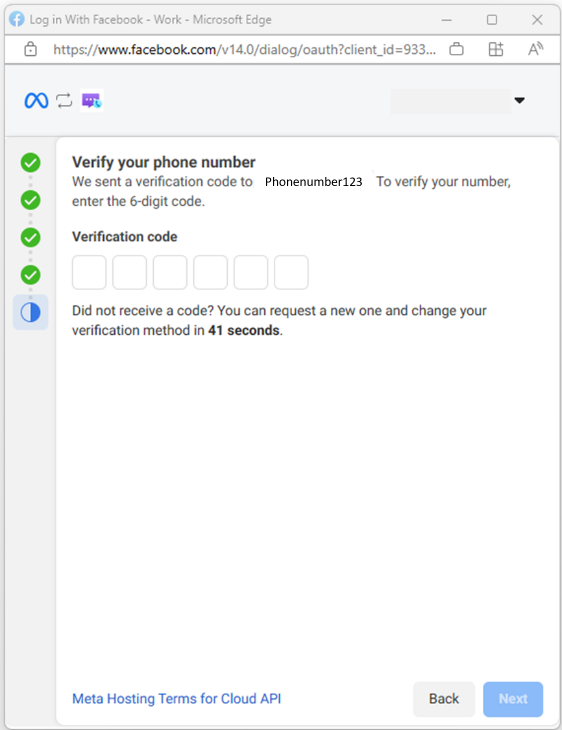 Meta-Signup-Fenster: Verify your phone number — Eingabefelder für den 6-stelligen Verifizierungscode