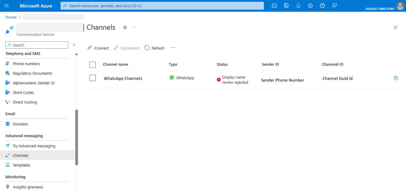 Azure-Portal: Channels-Liste mit dem neuen WhatsApp-Kanal, Status und Channel-ID-Spalte