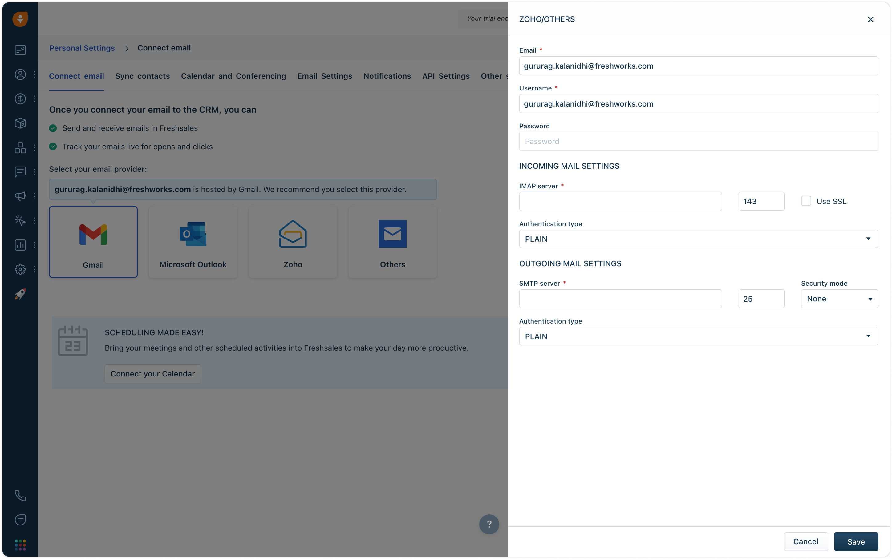 Freshsales: Mailbox-Overlay Zoho/Others mit Feldern für IMAP- und SMTP-Server