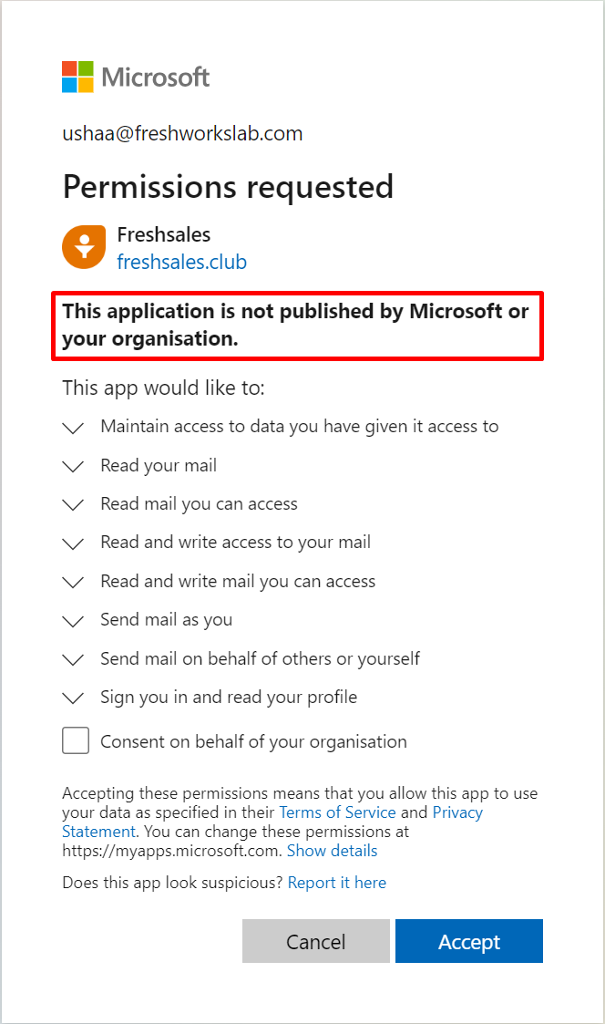 Microsoft-Dialog Permissions requested mit dem Hinweis This application is not published by Microsoft or your organisation