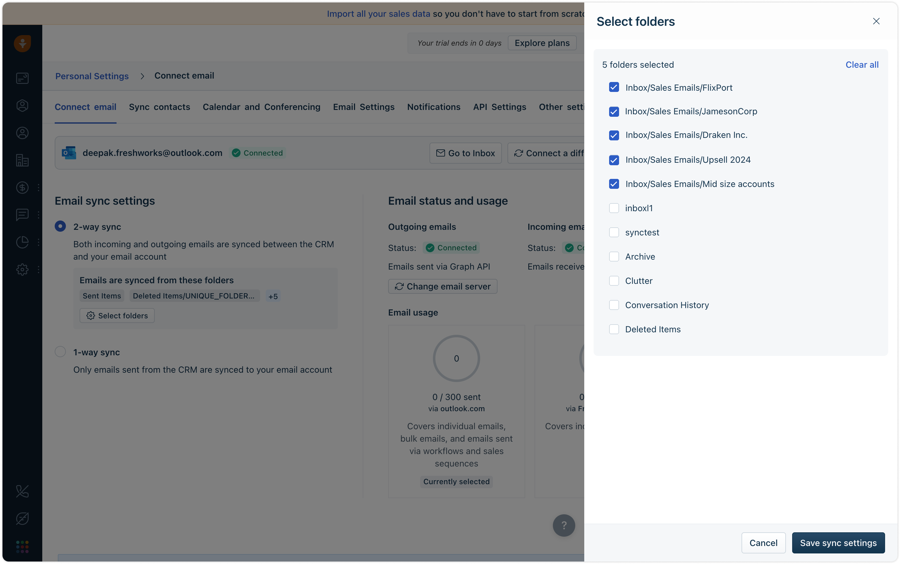 Freshsales: Select-folders-Auswahl für Outlook-Ordner mit Save sync settings