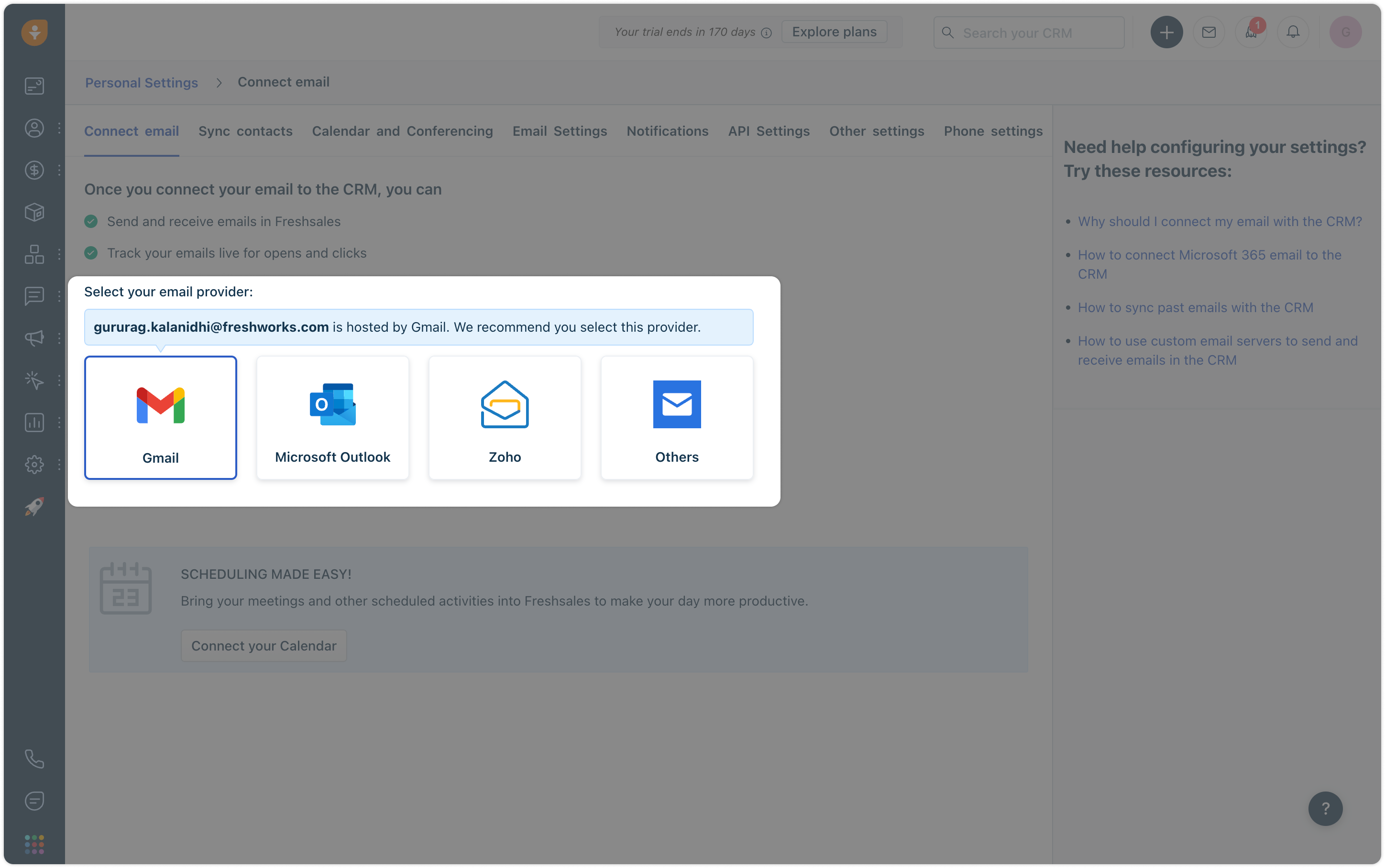 Freshsales: Anbieter-Auswahl unter Connect email — Gmail, Microsoft Outlook, Zoho, Others