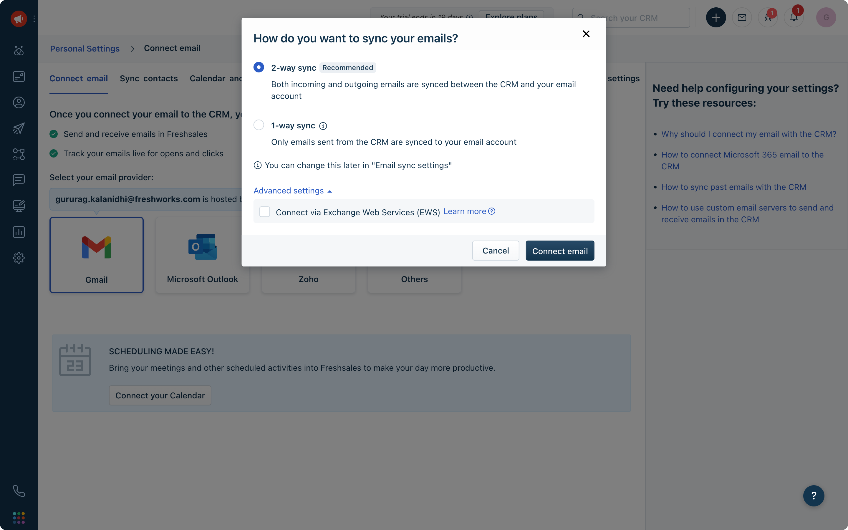 Freshsales: Dialog How do you want to sync your emails mit 2-way sync und 1-way sync